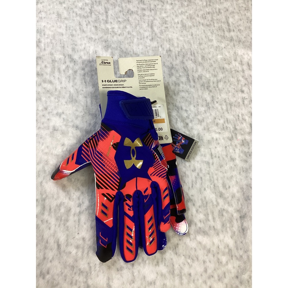 Under Armour F9 Nitro Football Gloves GlueGrip Blue Red Camo Mens Small 1381942